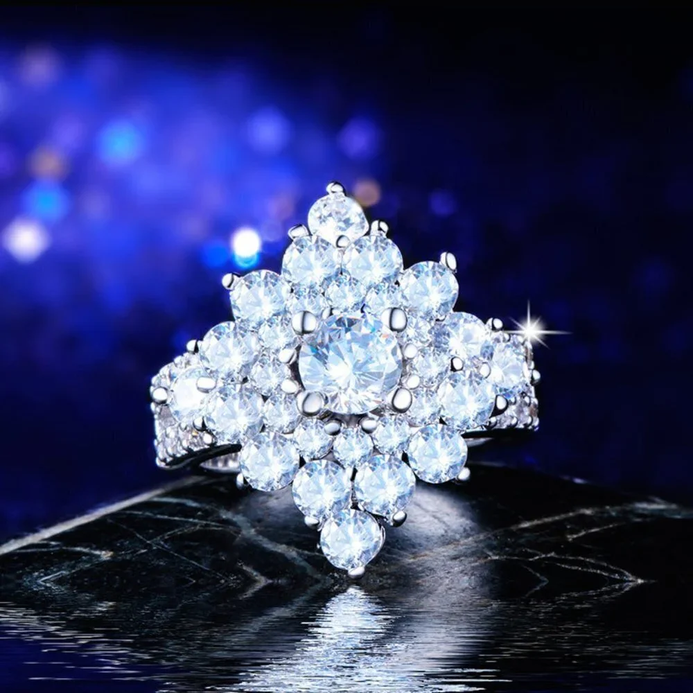 Generous Vintage Zircon Silver Luxury Flower Rings for Women, INDN8094